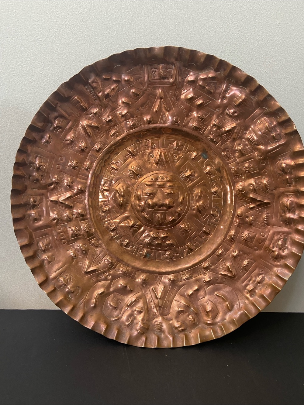 Decorative Embossed Copper Wall Plate - Aztec Motif
